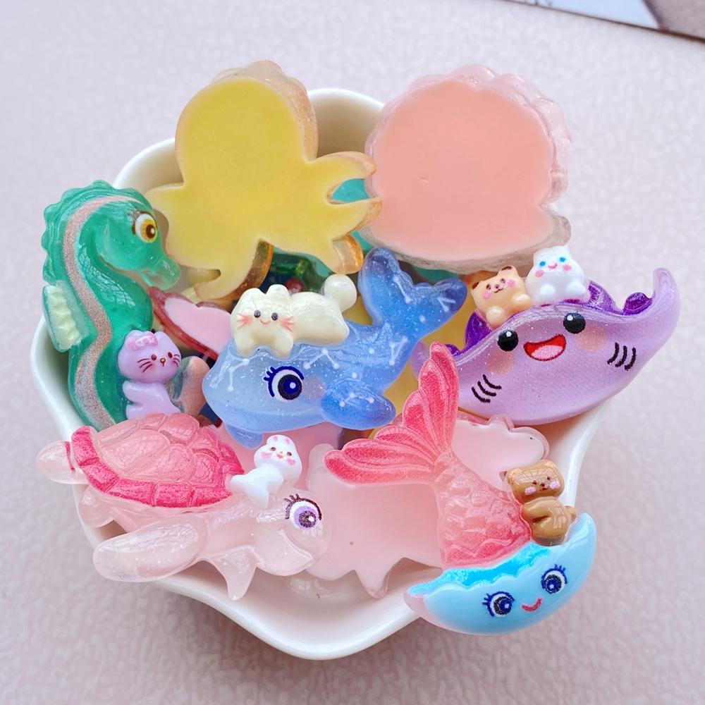 10PCS New Models Colorful Cartoon Turtle, Seahorse, Whale Ocean Series Resin Scrapbook DIY Jewelry Hairpin Headrope Decoration