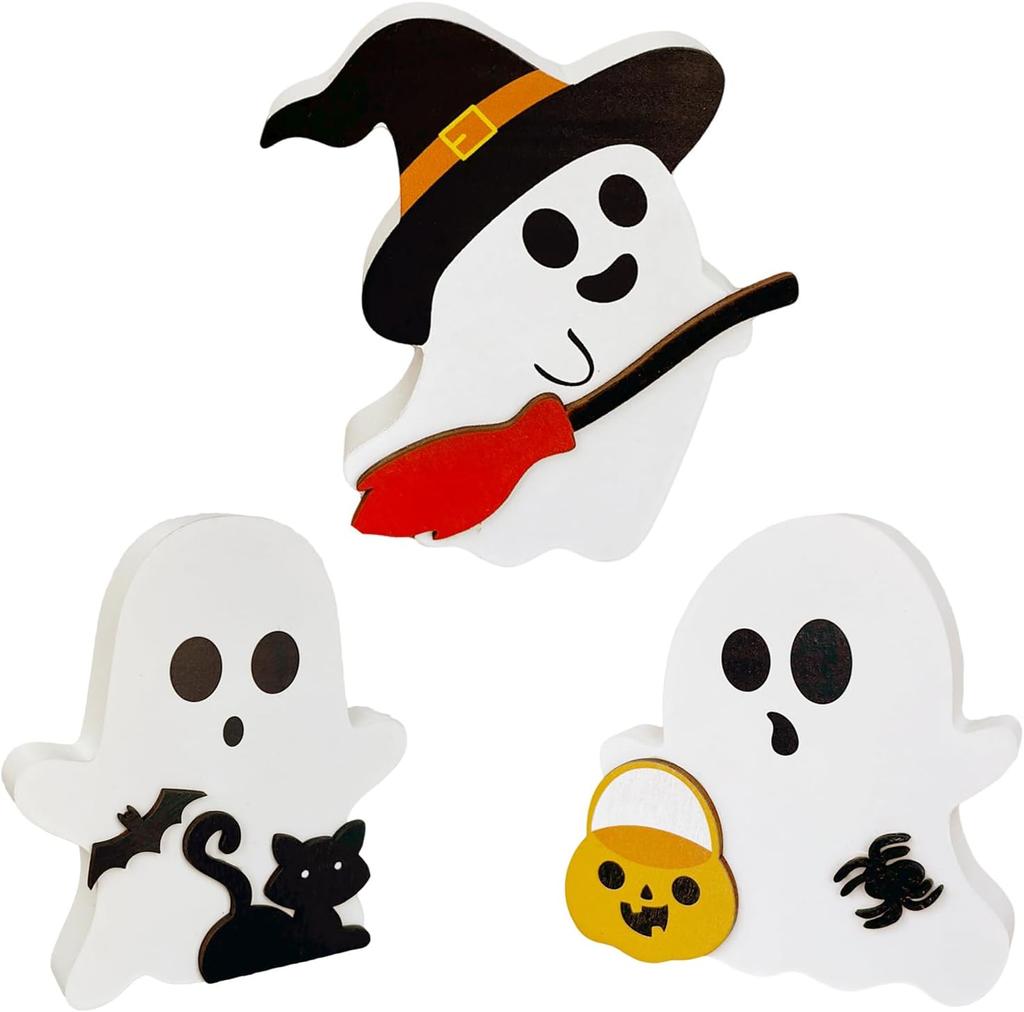 Cute Ghost Halloween Decorations for Indoors Spooky Decorations Wooden Black Cat Bat Witch Broom Signs Pumpkin Blocks Decor