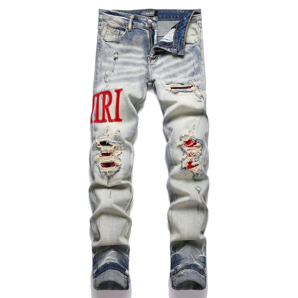 Neue High Street Retro Farbe Für Abgenutztes Patch Lederetikett Stickerei Elastische Enganliegende Jeans Für Herren