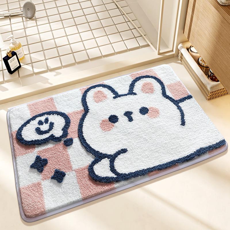 Cute Rabbit Series Super Soft Bath Mat - Thickened Flocked Machine-Washable Bathroom Rug, Non-Slip Decorative Doormat for Home