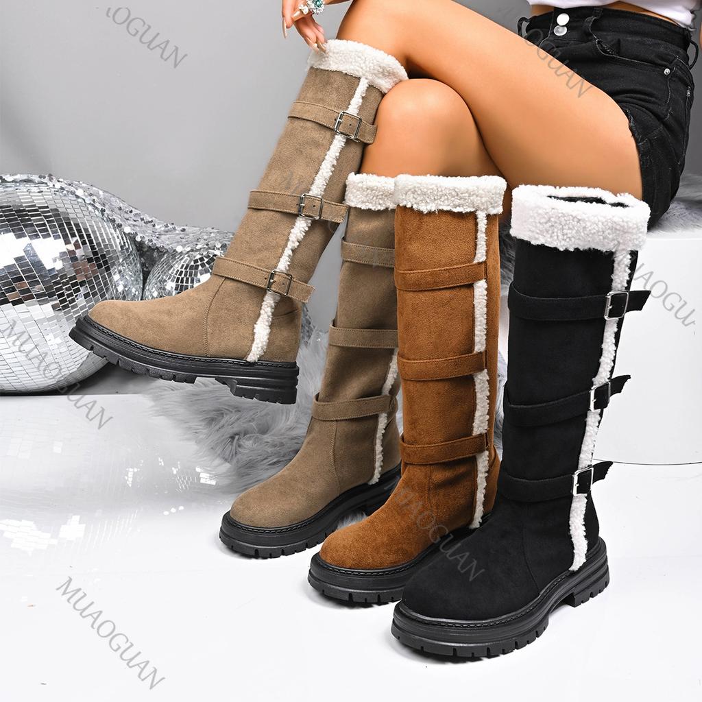 Móda Zima Nové Teplé Sněhule Dámské Pohodlné Plyšové Bavlněné Boty Spona na Pásek Ke Kolenům Kožešinové Všívání Boty Dámské Boty s Tlustým Podpatkem
