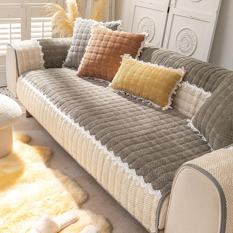 Sofa Cushion Plush Luxury Wind Four Seasons General Simple Modern Non-slip Houndstooth Mat Autumn and Winter Cushion Cover.