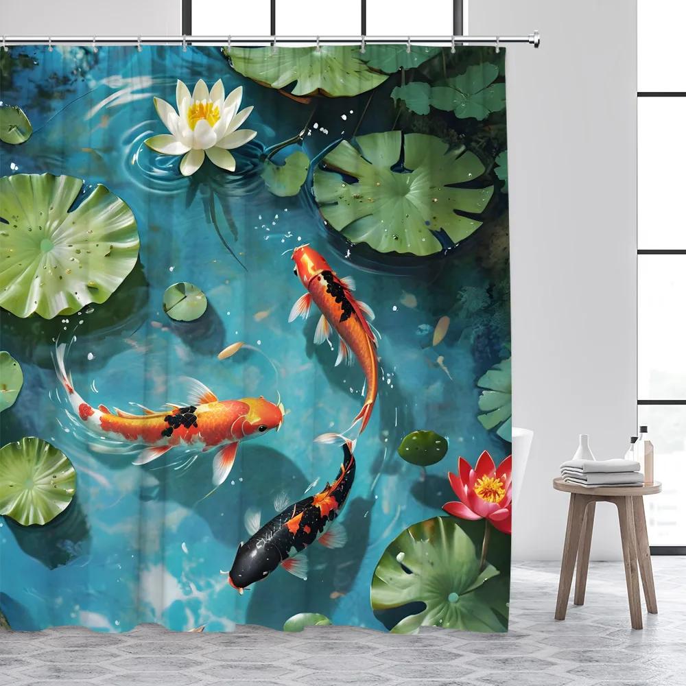 Japanese Style Koi Fish Shower Curtain White Lotus Green Leaves Lake Carp Floral Art Bathroom Decoration Polyester Bath Curtains