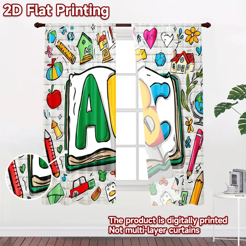 2D flat printing 2pcs Curtain Party Curtain School Learning ABC Digital Printed Polyester Drapes Festive Wall Decor for Indoor