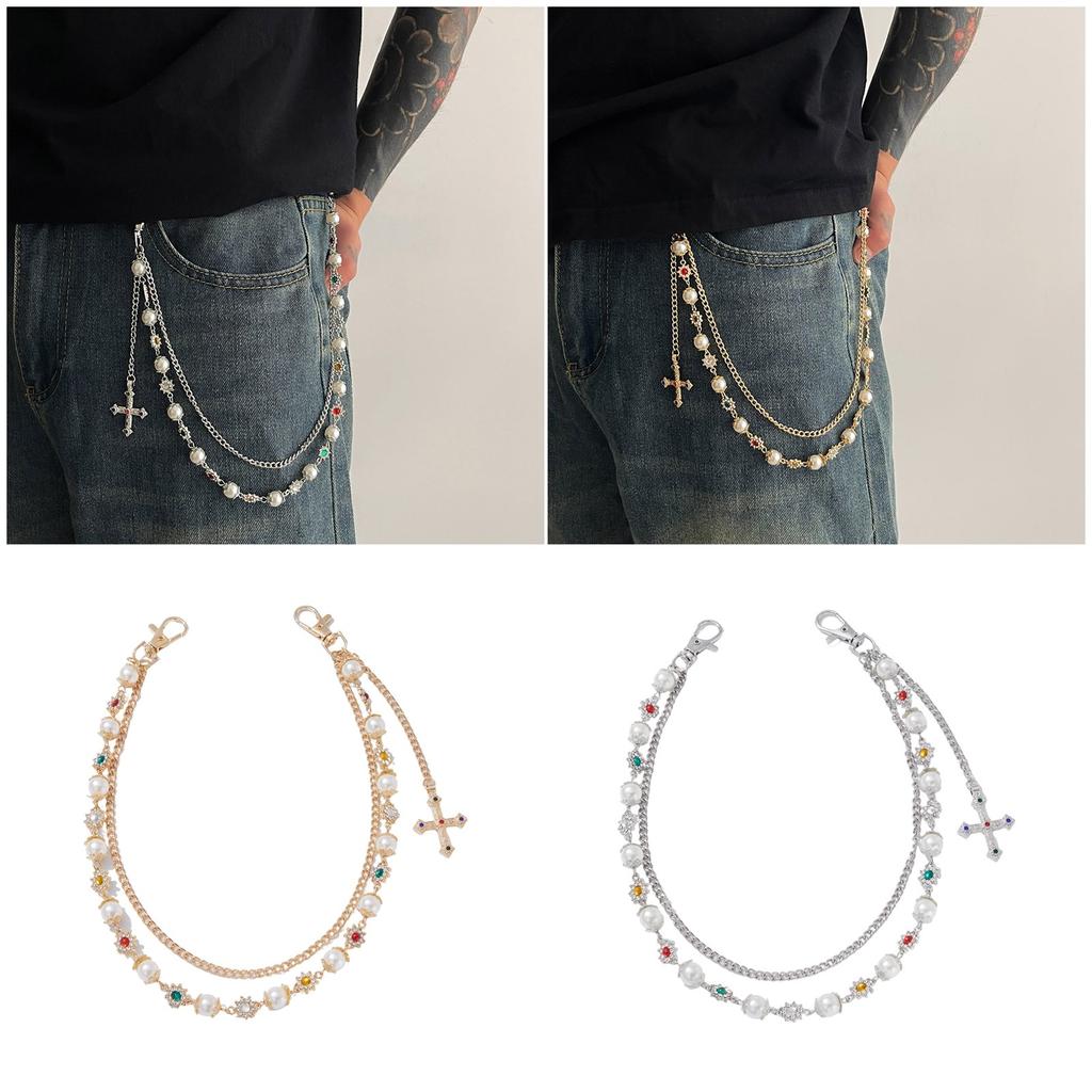 Elegant Crossed Pendant Waist Chain Imitation Pearls Pants Chain Accessory Jewelry For Stylish Outfit Enhancement