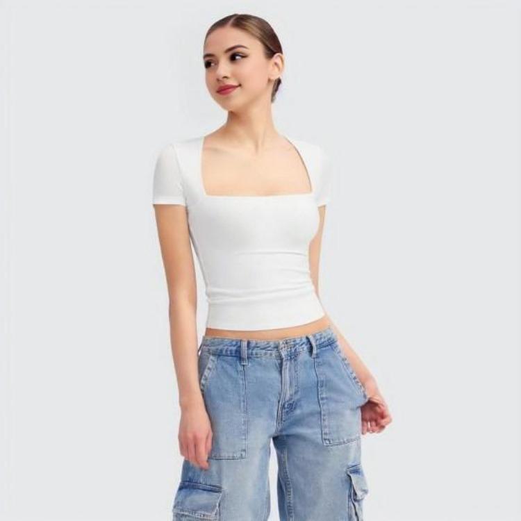 Summer Women T Shirt Streetwear Short Sleeve Square Collar Slim Fit Solid Color Pullover Top