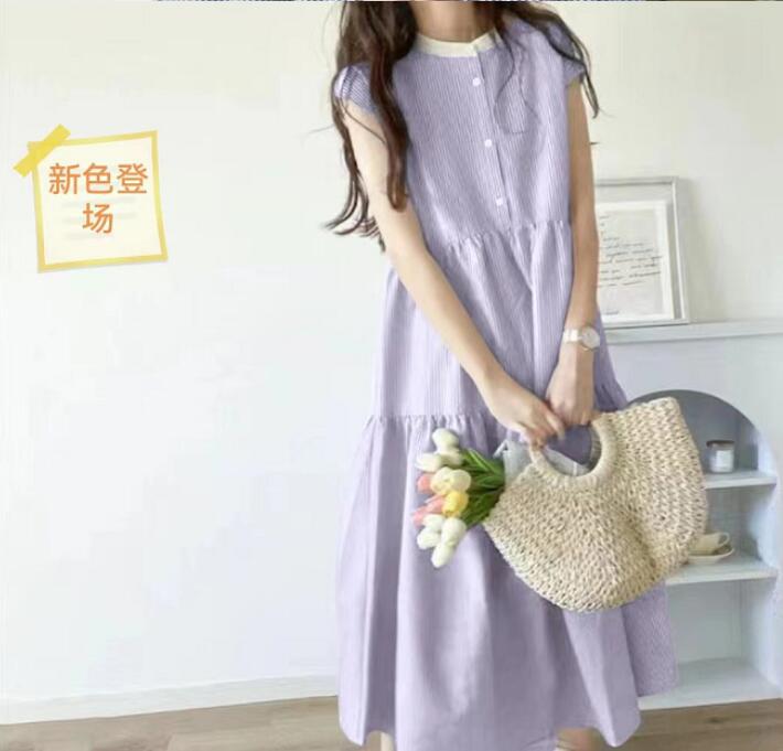 

Women s Sleeveless Beige Tiered Dress with Round Neck and Front Buttons One Size