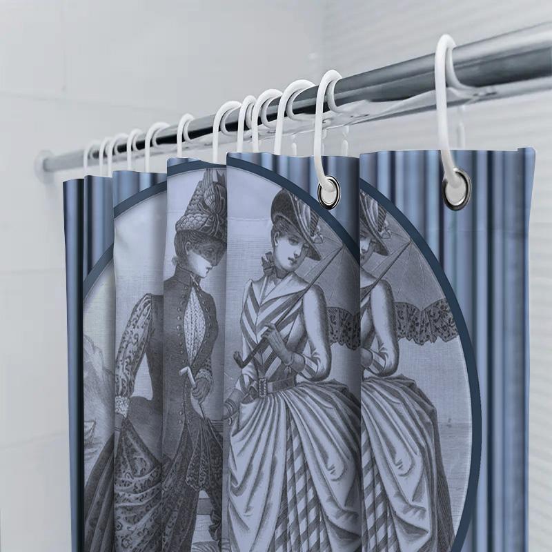 Luxury Vintage Print Shower Curtain Waterproof Bath Decorative Home Decoration Victorian Style Girl Dress Blue White Stripe Patt