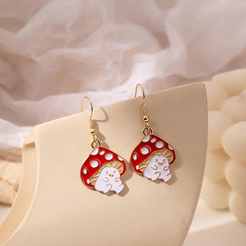 Fun Cartoon Asymmetrical Oil Drop Earrings, Guochao Panda Animal Fruit Earrings, Cute Mushroom Leaf Earrings