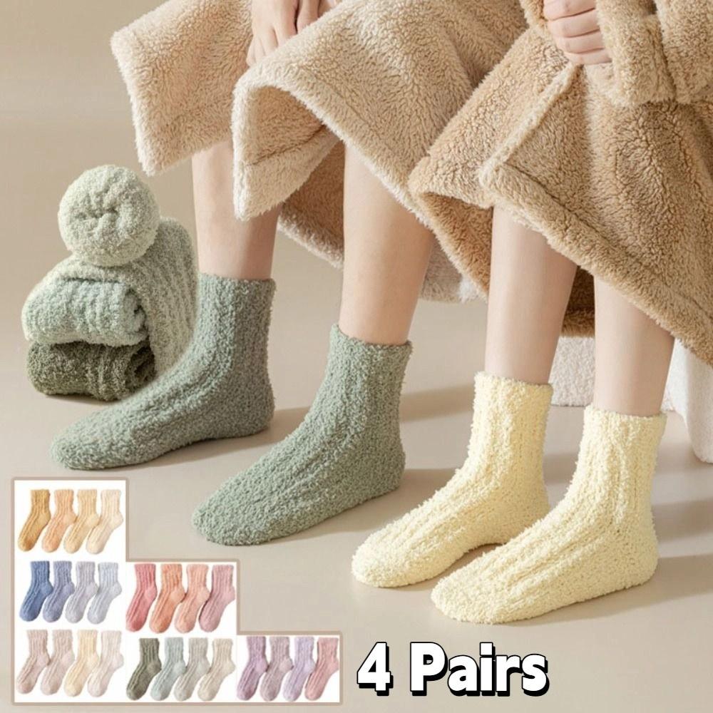 4Pairs Winter Coral Fleece Socks Thickened Mid Tube Socks Women Floor Plush Socks  Winter