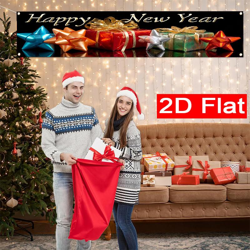 Happy New Year Gift Fence Banner, Pattern Polyester Outdoor Lawn Wall Holiday Party Decoration