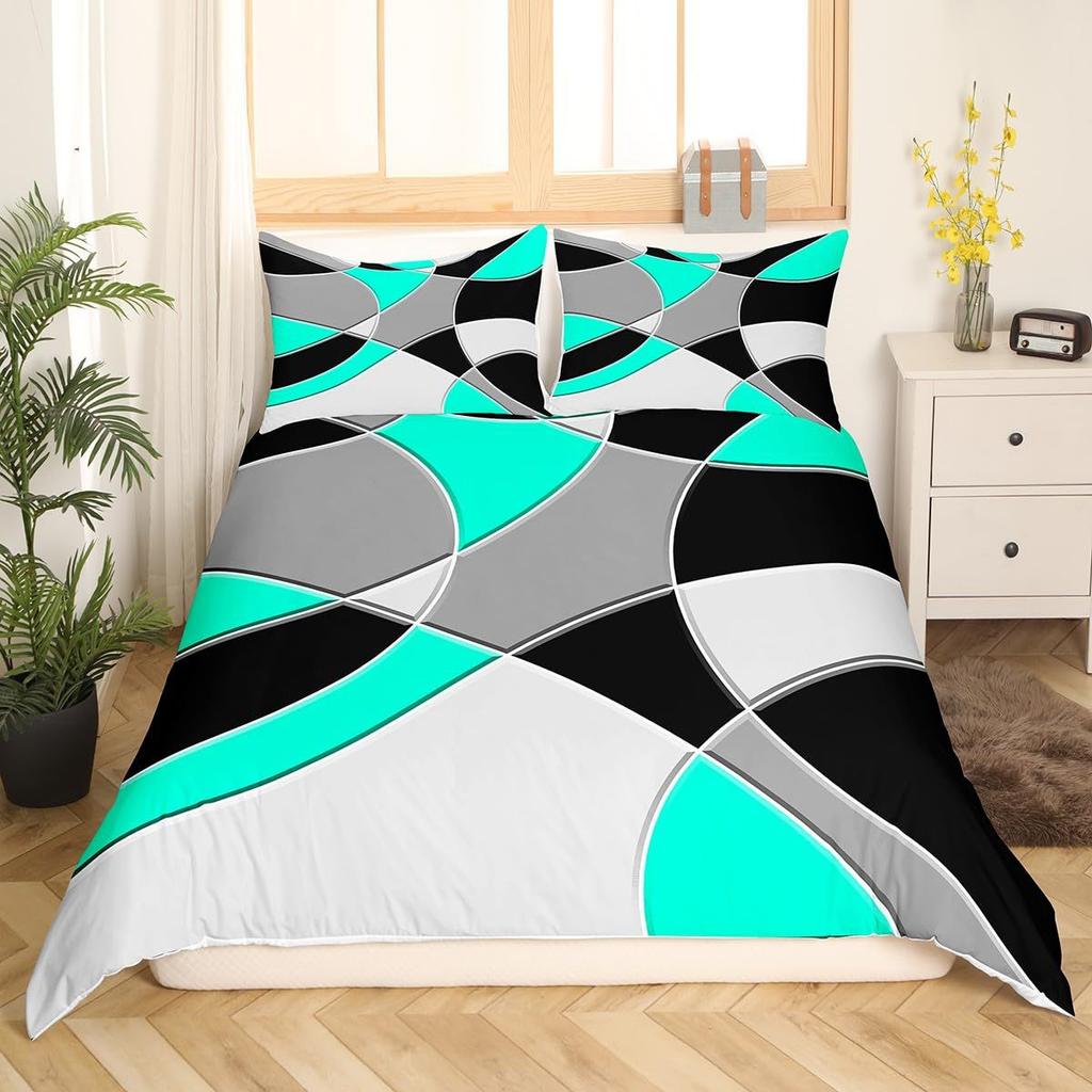 Round Geometric Bedding Set Green Gray Black Abstract Art Bedspread Comfortable Three-Piece Set