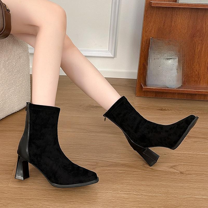 

Rear Zipper Fashion Boots Women Autumn Winter Retro Square Toe Suede Versatile Block Heel Heightened Skinny Shortho Boots 42