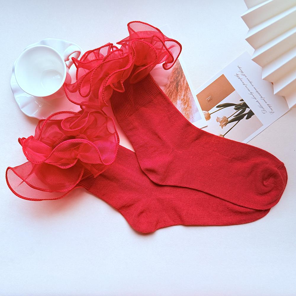 Ruffle Lace Combed Cotton Lolita Princess Socks for Women & Girls - Student Dance Style One Size красный