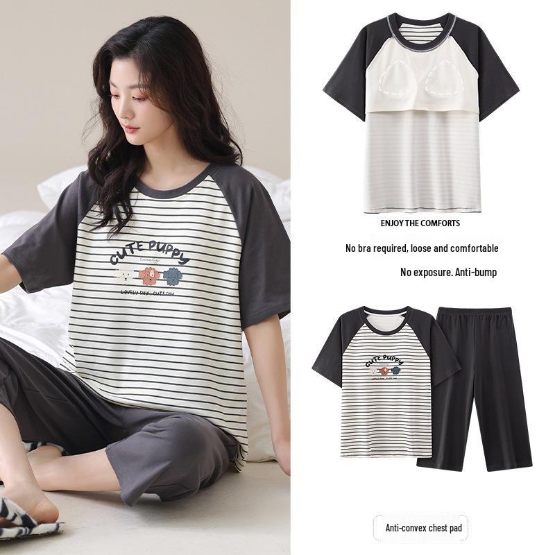 Women's Cotton Cartoon Girl Pajama Set - Short Sleeve & Capri, Wearable Outdoors