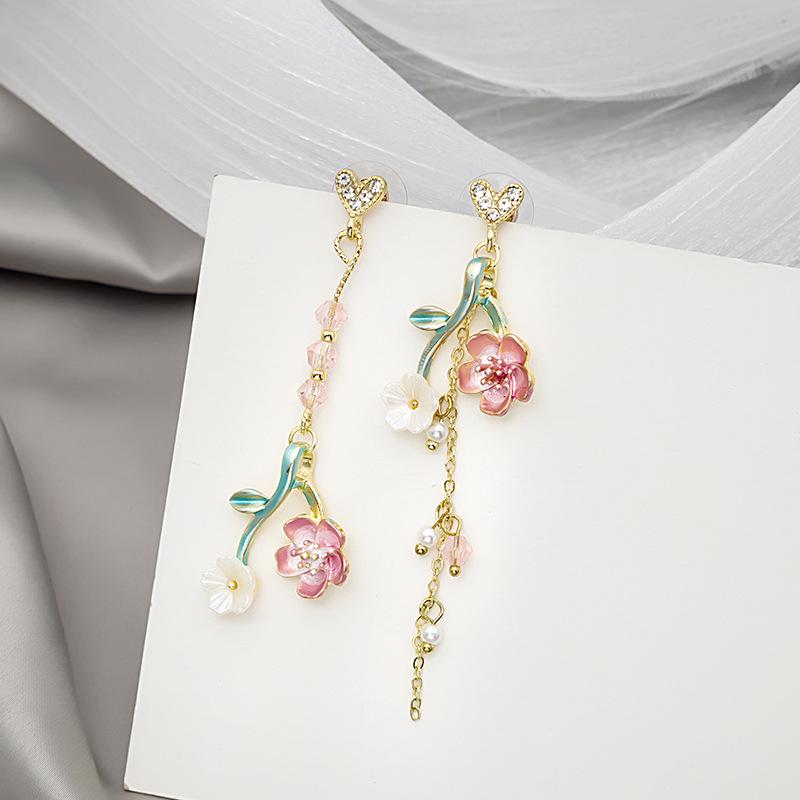 Asymmetrical Cherry Blossom Tassel Earrings
