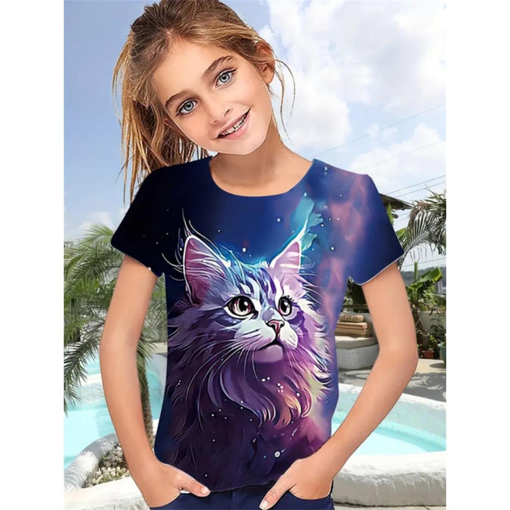 2025 Funny Animal Cat 3d Print Girls' T-Shirts Party Fashion Short Sleeved Tops Tee 2025 Casual T-Shirts Girls' Clothing