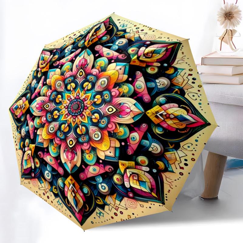 1pc Psychedelic Mandala Artwork Automatic Open/Close Umbrella - Portable Collapsible Umbrella with 8-Rib Stability, Fashion Lovers Yy251017165
