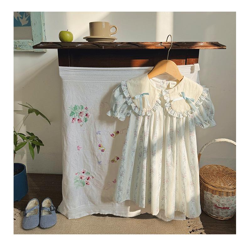 2026 Summer Doll Collar Color Block Girls' Dress – French Print Short Sleeve Princess Korean Style