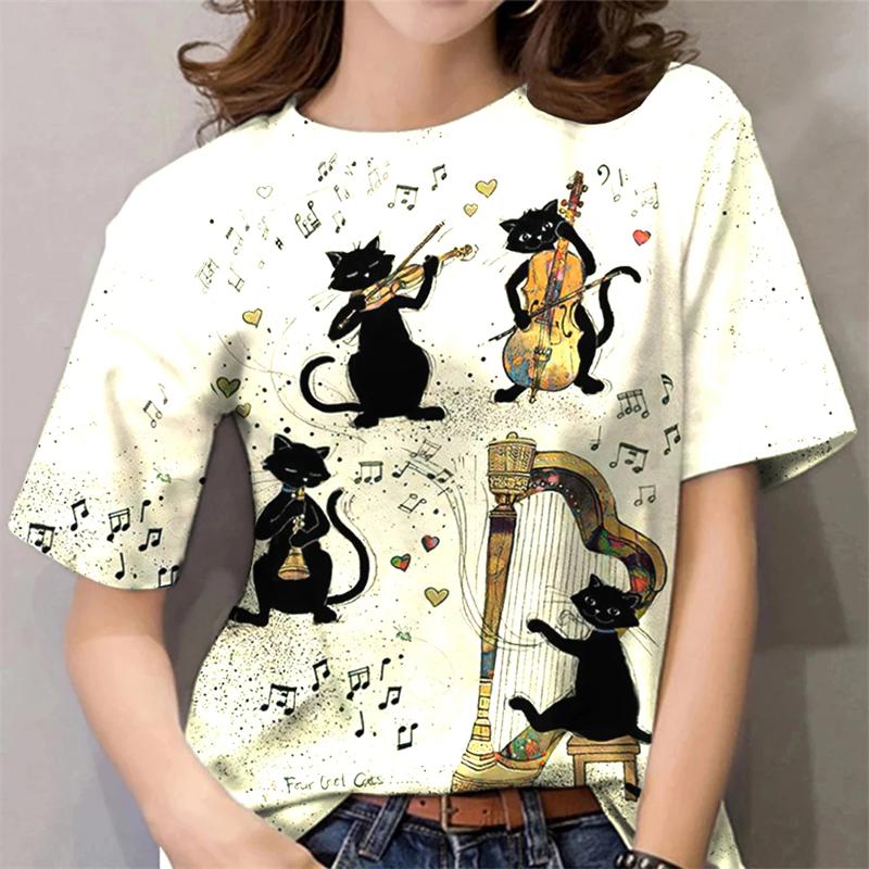 2025 T-Shirt For Women Kawaii Cat Print Tops Summer Oversized Tshirts Womens Clothes O-Neck Tees Female Clothing Fashion Blouse