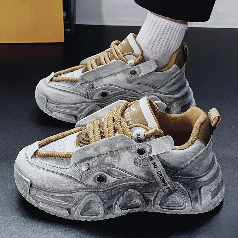 Chunky Sneaker Men Designer Distressed Sport Shoes Fashion Casual Leather Fabric Breathable Height Increased Flat Platform Shoes