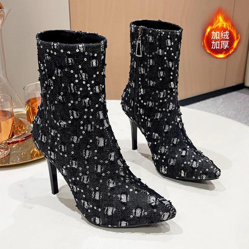 Cowboy Pointed Toe Women Ankle Boots Bling High Heels Shoes Winter 2025