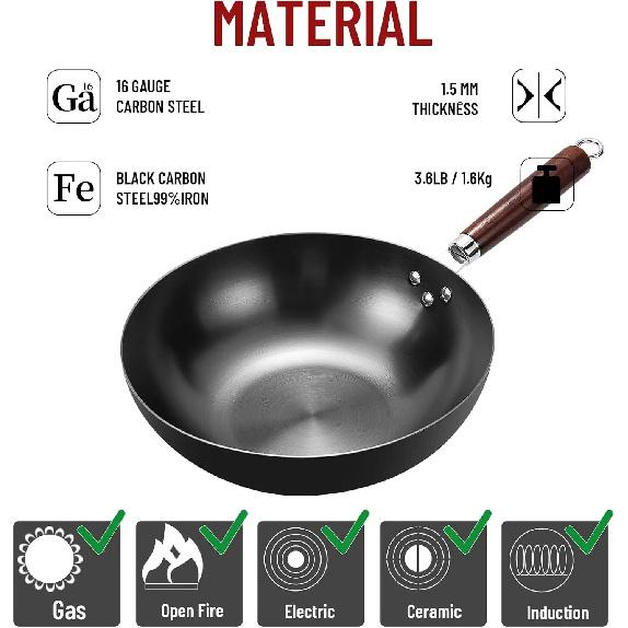 Flat Bottom Wok Pan 32cm Skillet Iron Stir Fry Pans Non-stick Cooking Pan for Electric Induction Cooktops Woks