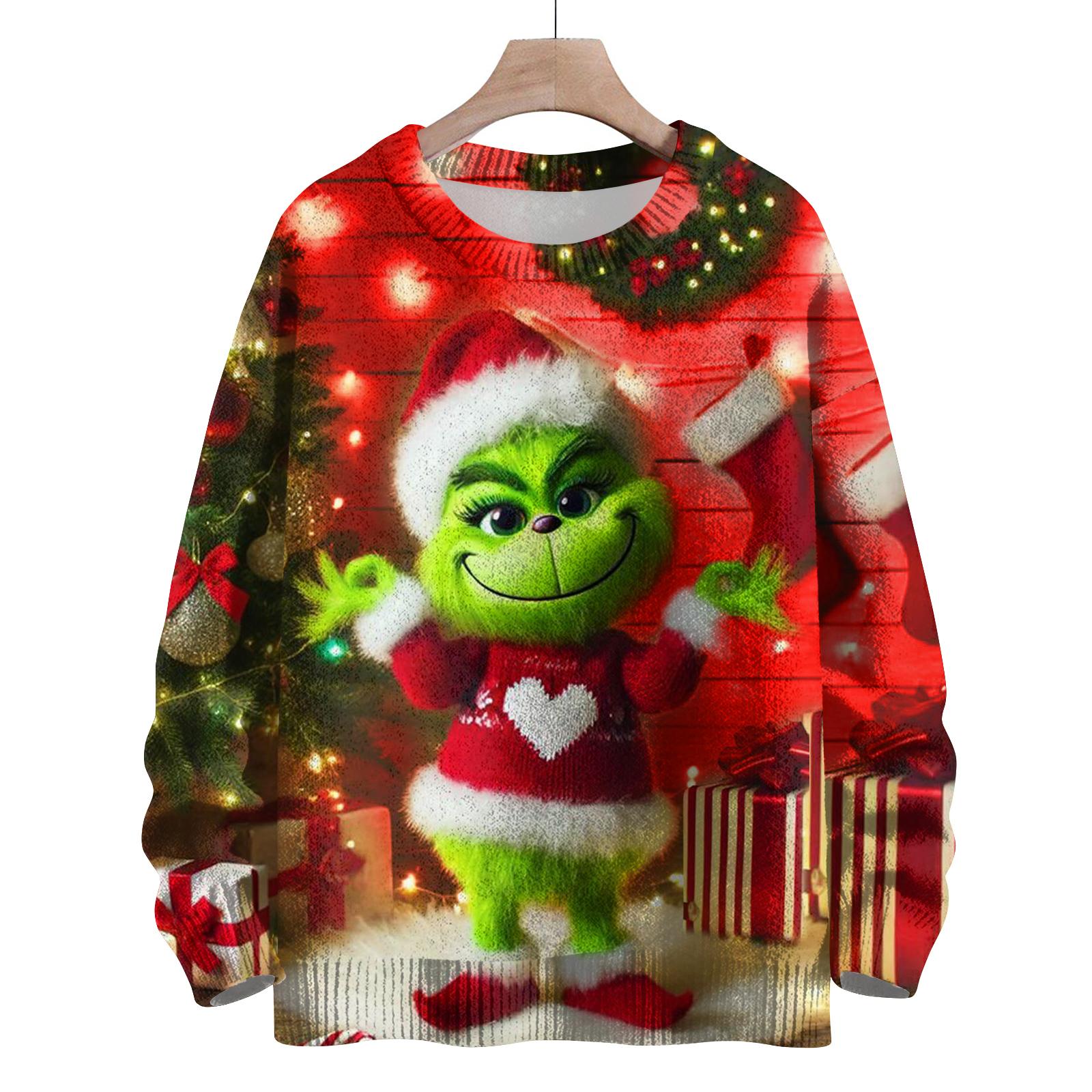Ladies Fashionable Casual Long Sleeved Christmas Cute Printed Round Neck Knitted Yarn XL