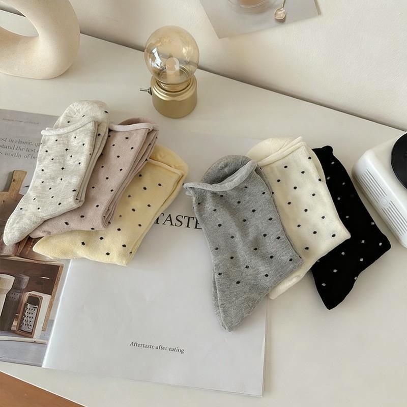 Women's Japanese Style Retro Polka Dot Mid-Calf Cotton Socks with Loose Rolled Cuff
