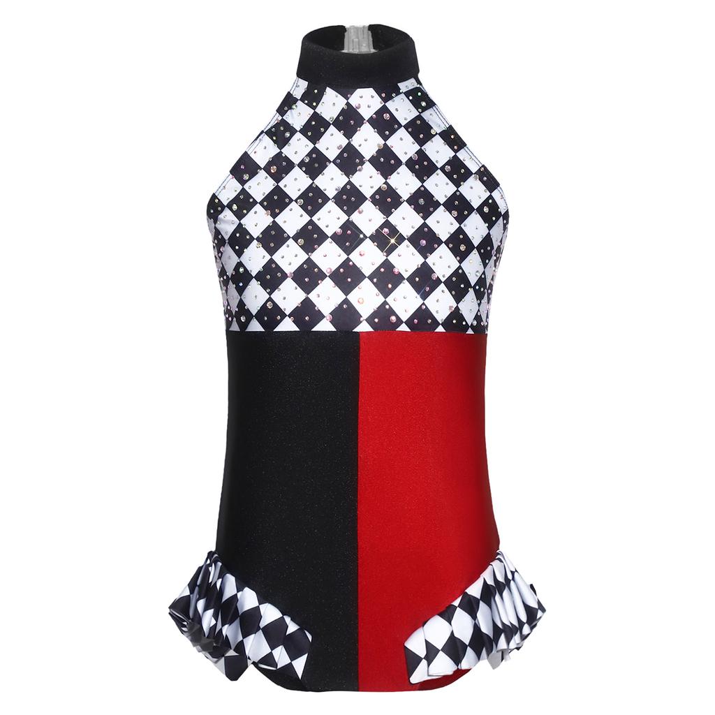 Girls Clown Costume Sparkly Rhinestones Jumpsuit Halter Sleeveless Plaid Pattern Ruffled Trim Bodysuit