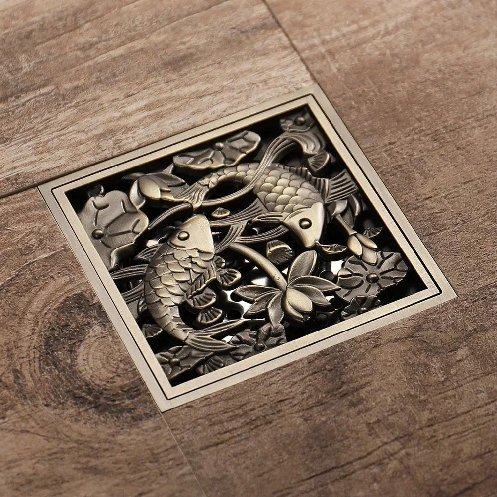 Desagüe de Piso de Baño Cuadrado 10 cm Bronce Antiguo Desagüe de Ducha Cepillado 4 Pulgadas Descarga por Gravedad Balcón Desagües de Drenaje de Baño