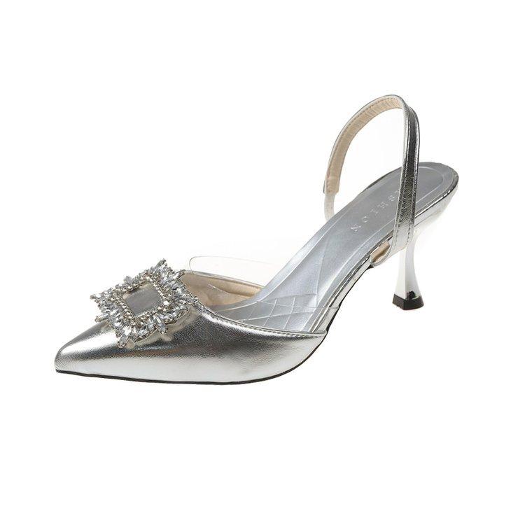 

Весна 2024 новая женская мода стразы острый носок средний и задний тонкий каблук высокий каблук прозрачный клей для стекла женские сандалии 35 серебряный