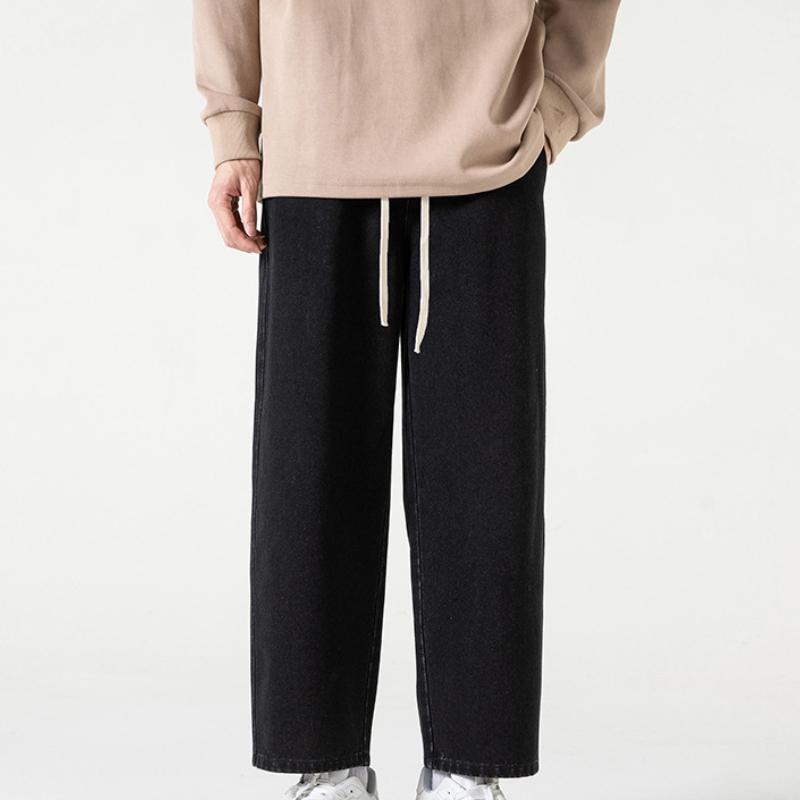 Elastic Waist Nine-point Jeans for Men, Men's Versatile Loose Straight Basic Solid Color Wide-leg Pants