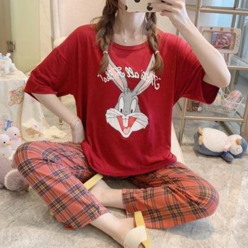 Pajamas women's short-sleeved trousers summer cartoon cute 2 new cartoon spring and summer loungewear suit can be worn outside