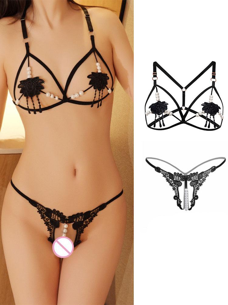 Sexy Beading Hollow Out Underwear Women Sexy Lingerie Garters Stockings Imitation Pearl Style Lingerie Naughty Bra With Thong