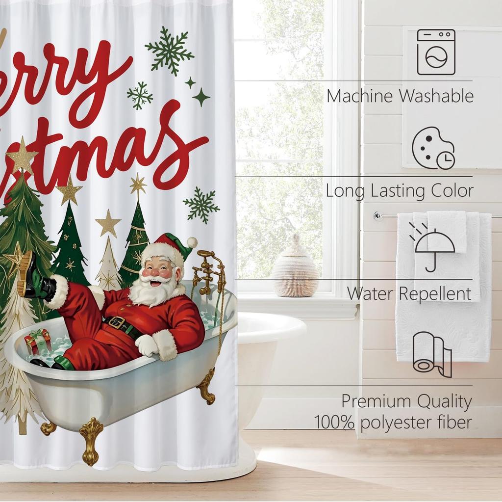 Merry Christmas Shower Curtain with Snowflake Tree Pattern, Waterproof Winter Holiday Bathroom Decor, Durable Washable Fabric