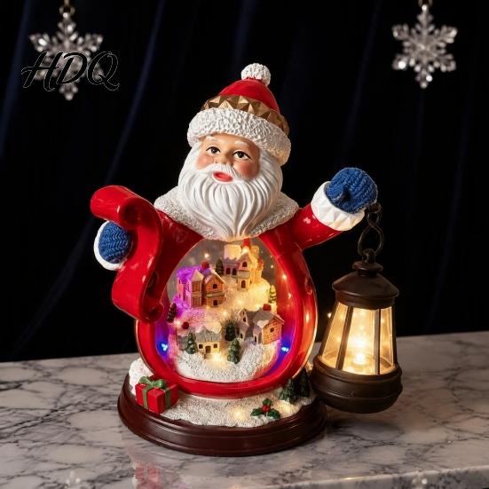 Christmas Santa Decor Figurine with LED Light Glowing Claus Resin Home Statue Snow Landscape Desktop Decoration for Party Favors Atmosphere Lighting