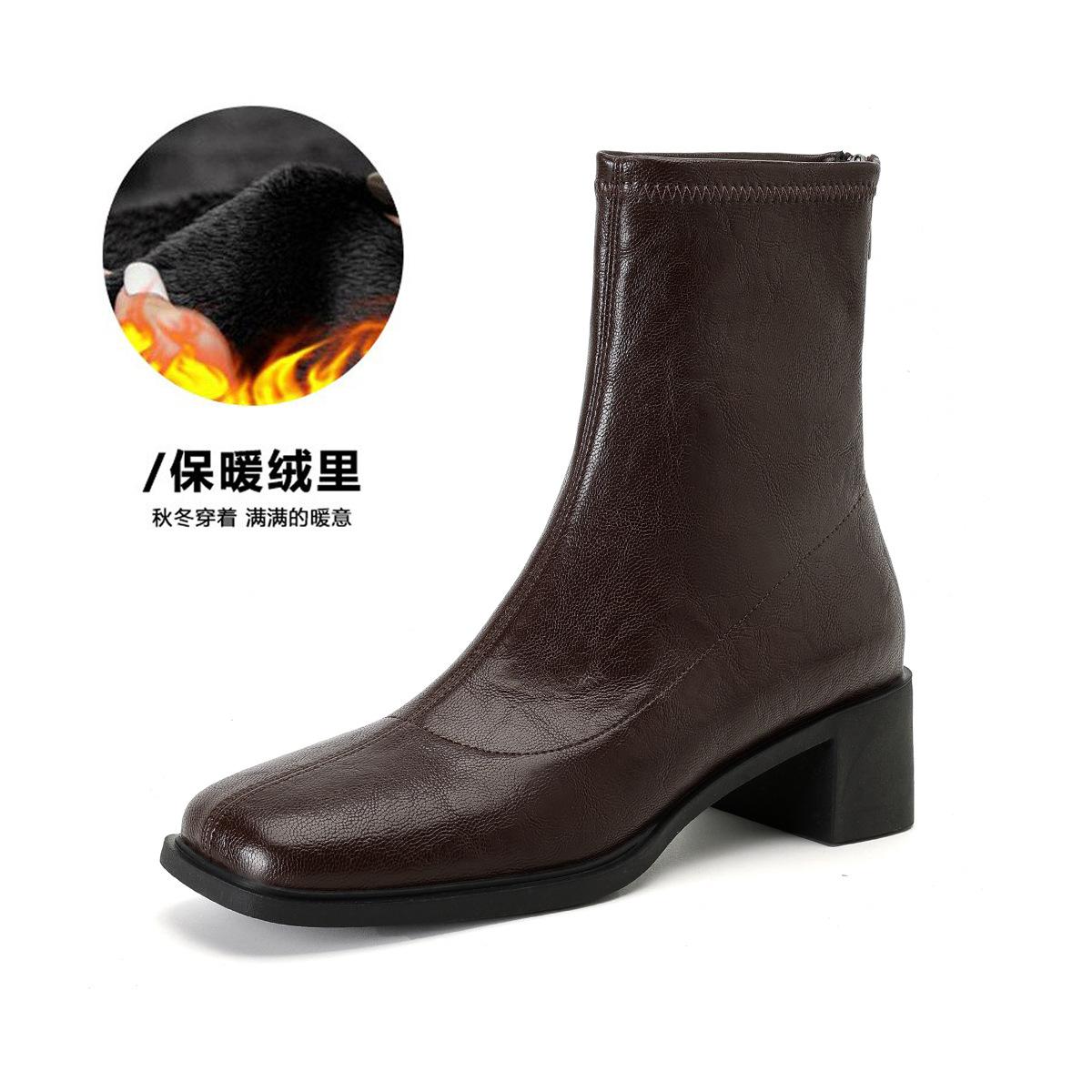

Weiwei Girl 6688-1 Mute Bottom Elastic Skinny Boots Women s Autumn Thick Heel Short Boots Commuter Vintage Black Boots 42
