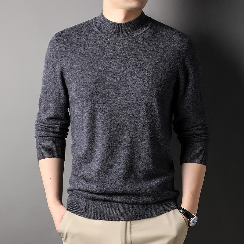 Machine Washable Thickened Full Wool Men's Half Turtleneck Sweater Versatile Solid Color Warm Knitted Base Sweater Men