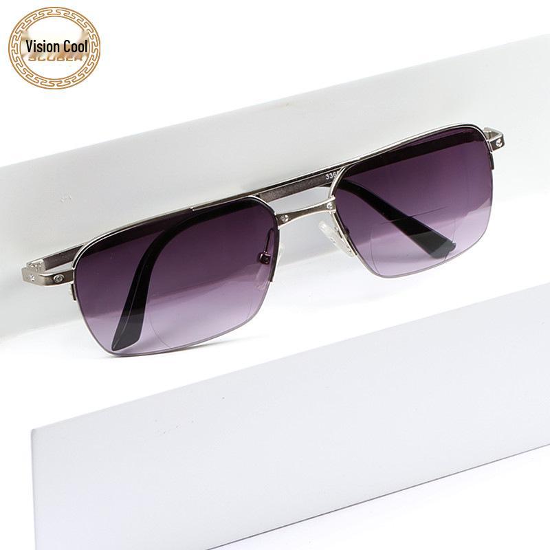 Old Flower Herren Bifokal Gleitsicht Sonnenbrille, Graue Gläser, Halbrand Lesebrille mit Kadiya Metallrahmen