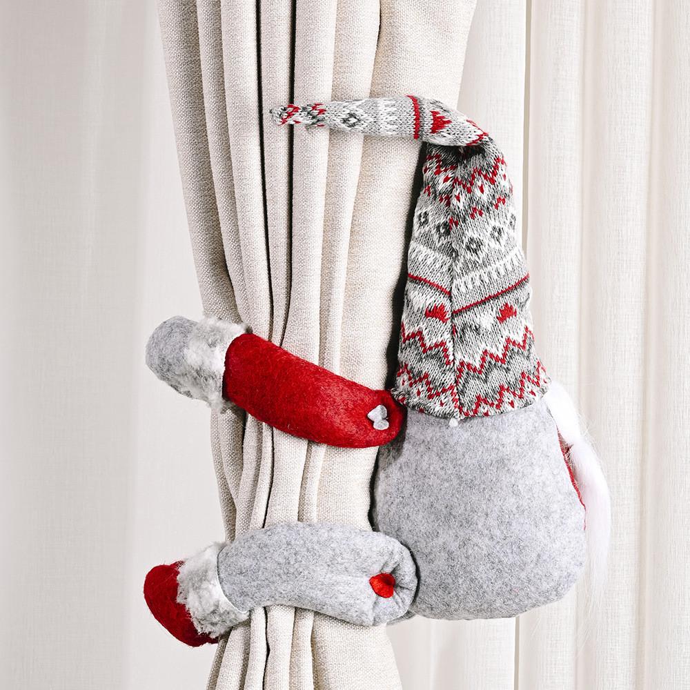 Festive Christmas Curtain Tiebacks With Striped Hat And Long Bearded Gnome Design