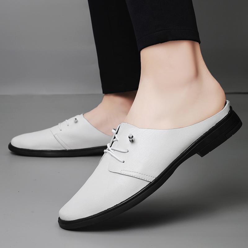 New Flats Men Comfortable Half Slippers Male Casual Genuine Leather Mules Footwear Moccasins Breathable Slip on Walking Shoes