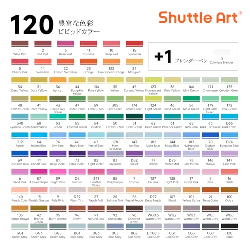 Shuttle Art Illustration Markers, 120 Colors, Blender Pen, 2 Tips, Oil-Based, Waterproof, Quick-Drying, Sketchbook Included, for Comics, Coloring Book