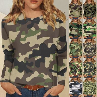 Women's Fashion Casual Long Sleeve Camouflage Printed Round Neck T-Shirt Top