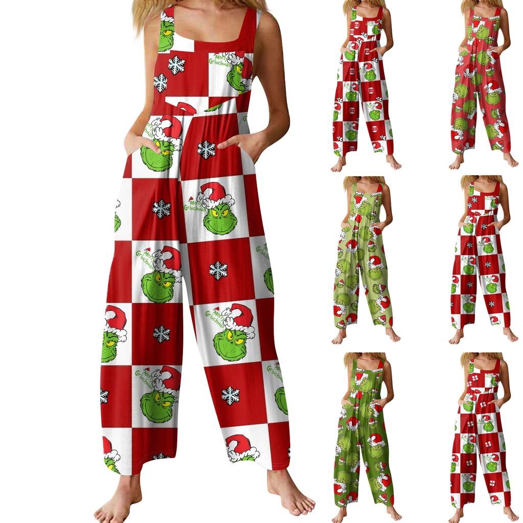 Women's Casual Loose Jumpsuit Christmas Print Wide Leg Jumpsuit Sleeveless With Pockets