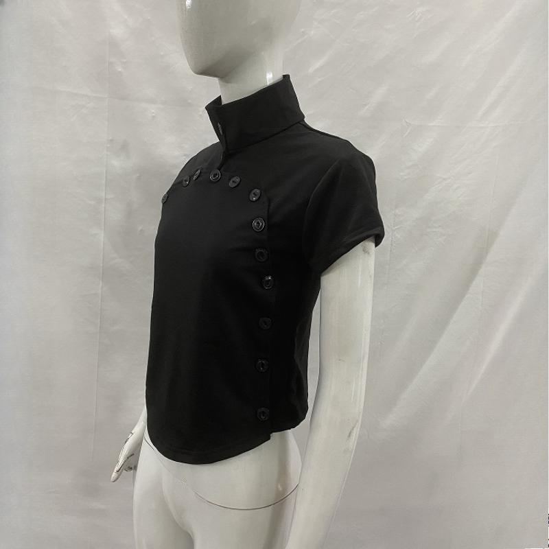 Y2K summer high neck hollowed out single breasted button slim fit solid color casual top