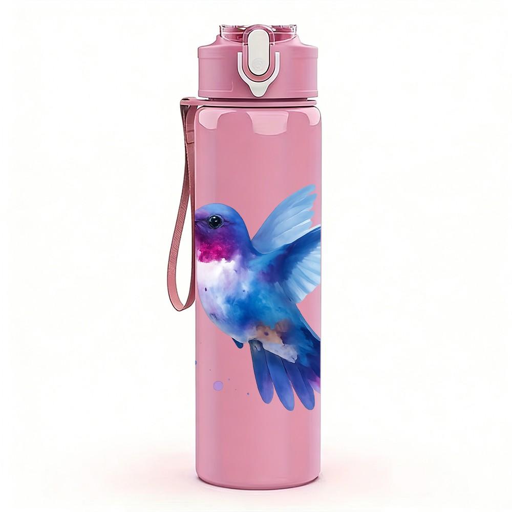1PC Vibrant Hummingbird Illustration 750ml Color Plastic Sports Water Bottle Leakproof Flip Straw Lid Suitable for Sports Office Home Use