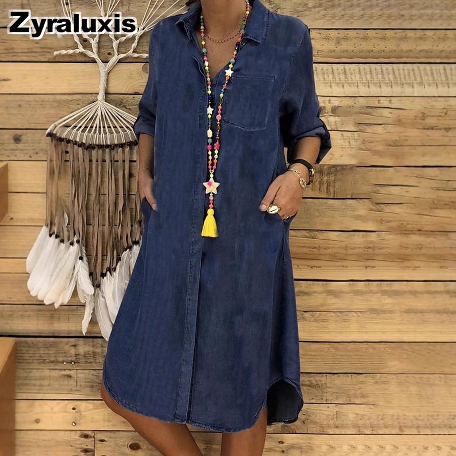 Plus Size Women's Denim Dresses Solid Color Loose Fit Casual Dress