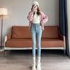 Light blue high-waisted velvet jeans for women's winter, new high-waisted slim-breasted leggings