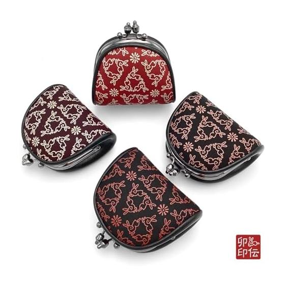 Inden-ya Kyosuke Original Gamaguchi Coin Case, Deer Leather, 6.5x8.5x3cm, Rabbit Motif, Black/Pink